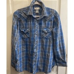 VTG Wrangler Mens Blue Plaid Long Sleeve Pearl Snap Western Rodeo Shirt  XLT